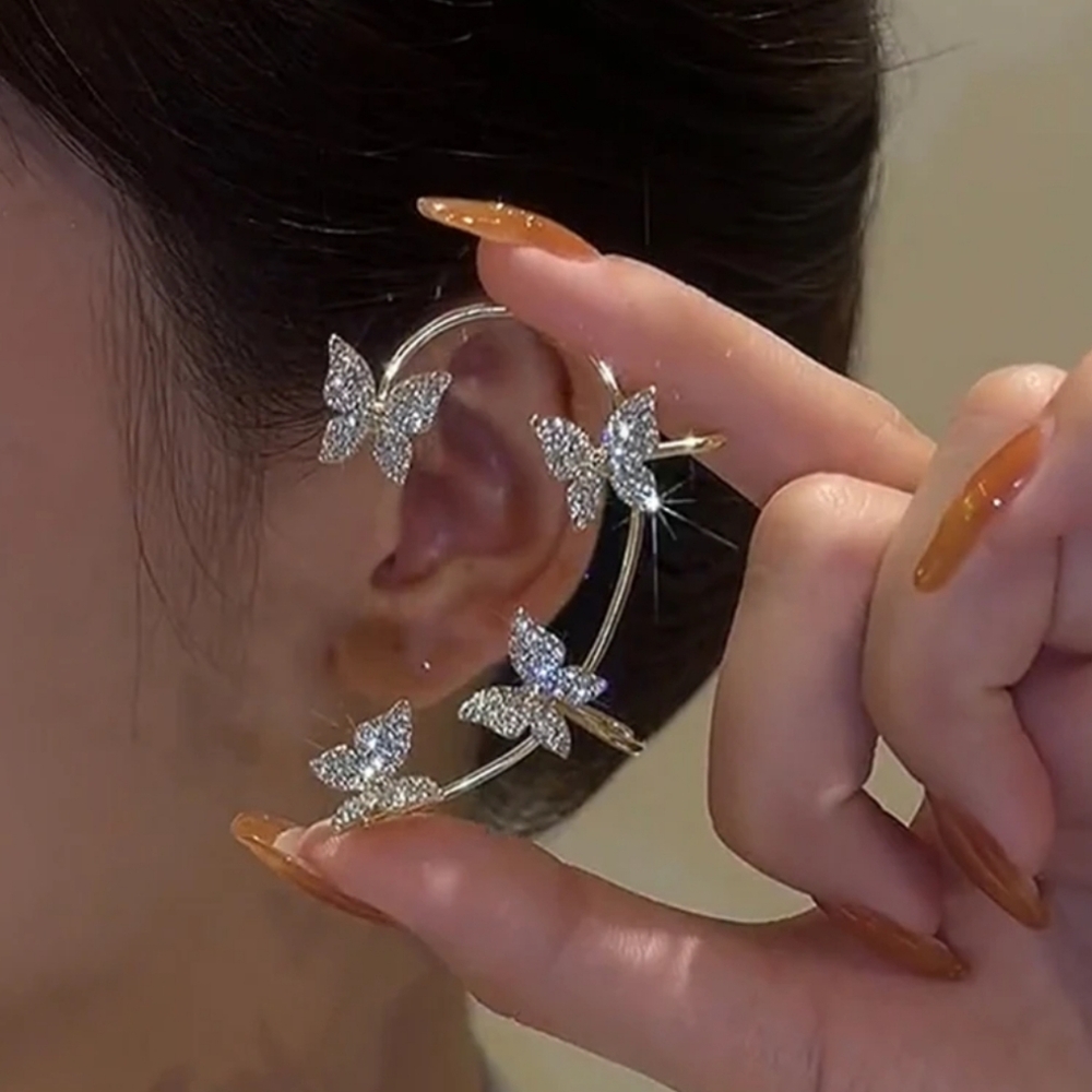 Silver Plated Metal Crystal Butterfly Ear Clips For Women Sparkling Zircon